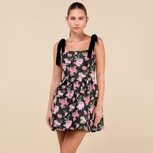 Lulus Precious Luxury Black Floral Jacquard Tie-Strap Mini Dress size Small NWT